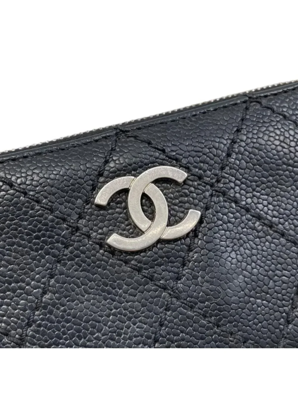 Chanel 2 Fold Wallet Wild Stitch Quilted Caviar Leather CC Logo Black Silver